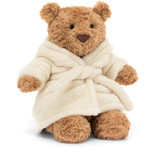 Brown Bear plush toy in a bathrobe-style outfit – view 2