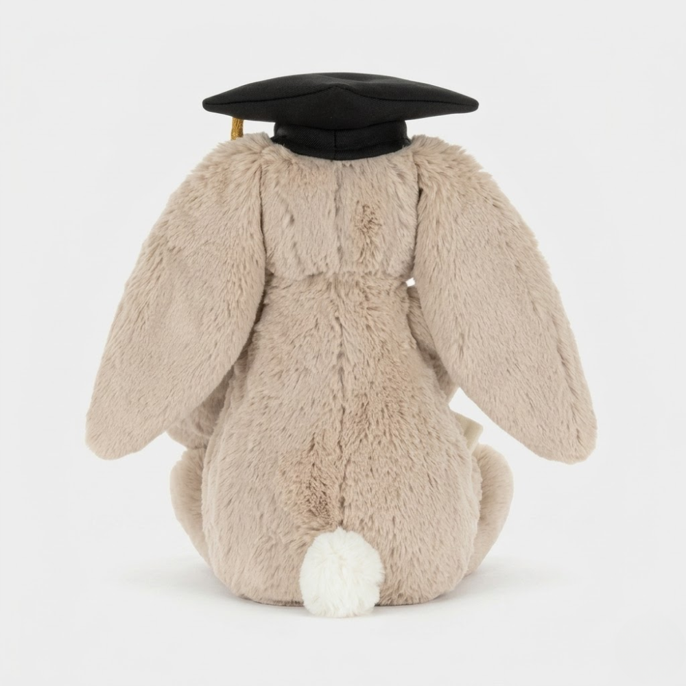 Bashful Bunny plush toy in khaki with a graduation outfit – view 3
