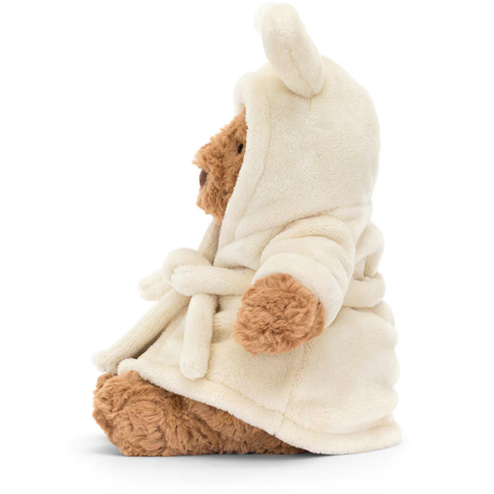 Brown Bear plush toy in a bathrobe-style outfit – view 3