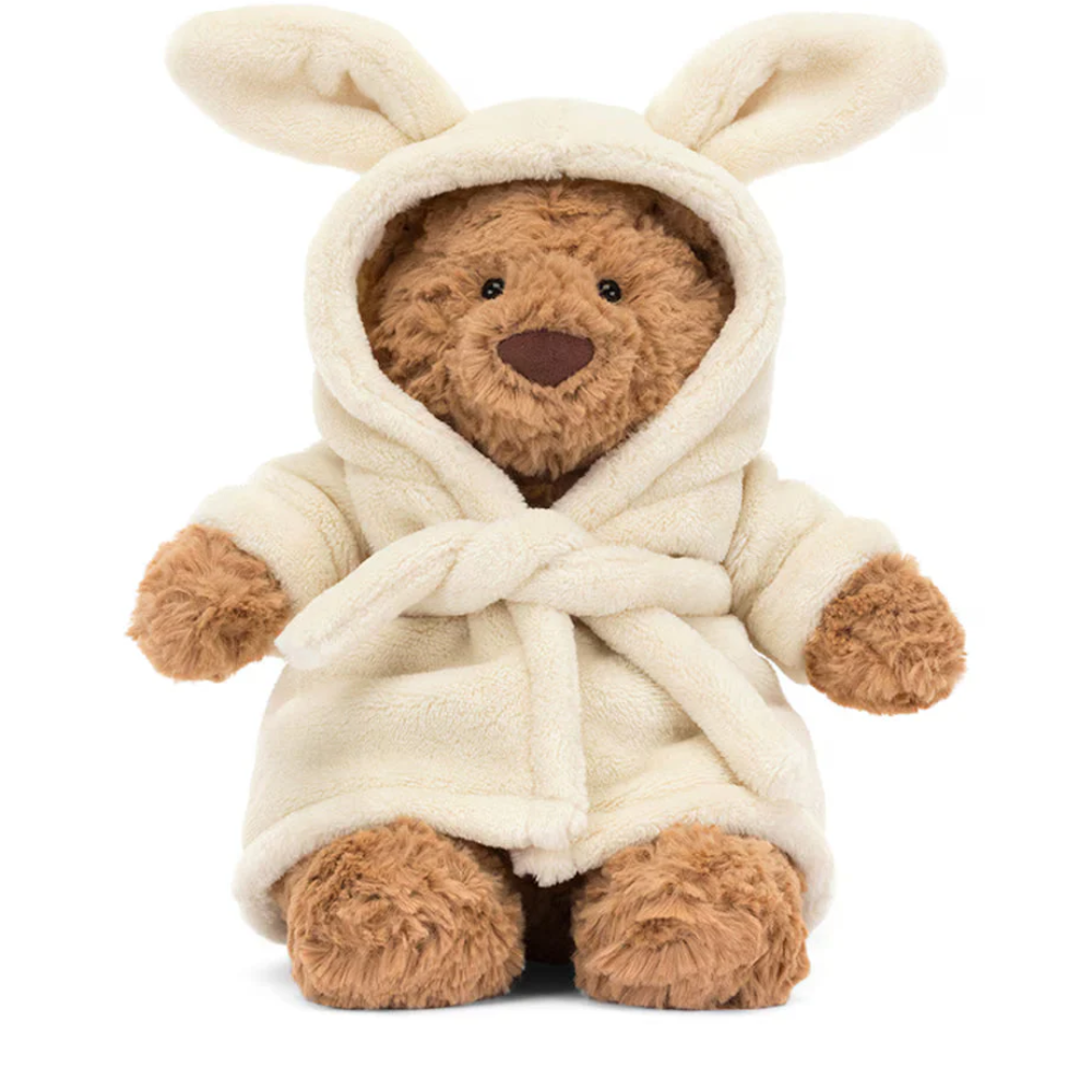 Brown Bear plush toy in a bathrobe-style outfit