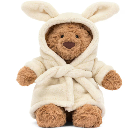 Brown Bear plush toy in a bathrobe-style outfit