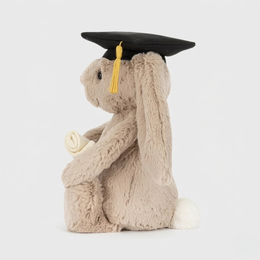 Bashful Bunny plush toy in khaki with a graduation outfit – view 2