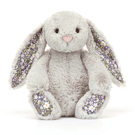 Blossom Silver Bunny Bloom plush toy in grey with floral accents